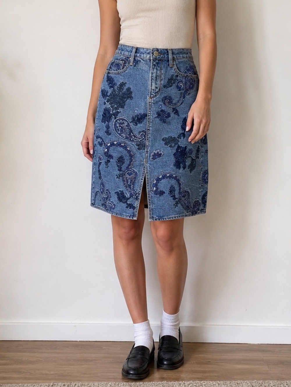 Driftwood Skirt Size 26 Blue Embroidered Paisley Denim Midi Pencil Skirt NWT